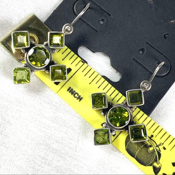 Green bezel cross dangle sterling earrings - Picture 5 of 6